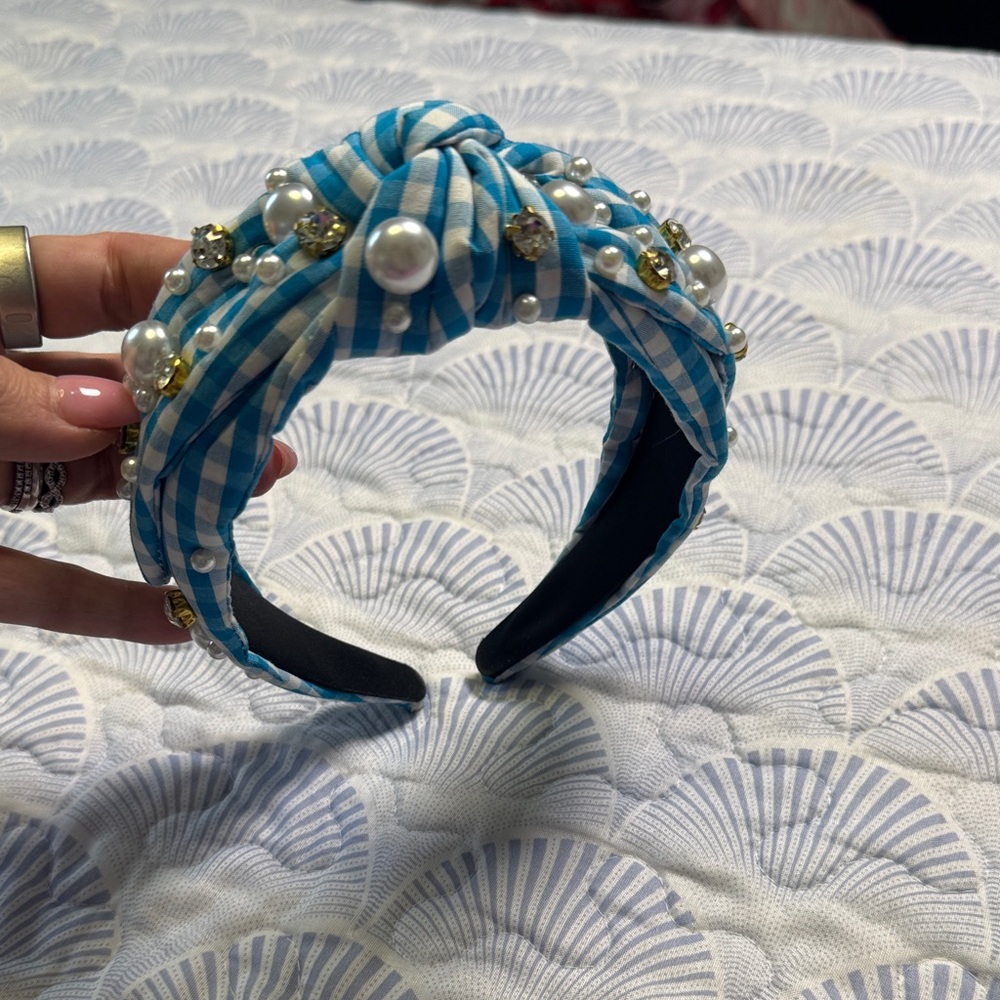 Blue Gingham Pearl Crystal Knotted Headband Preppy Coastal Statement - Picture 2 of 7
